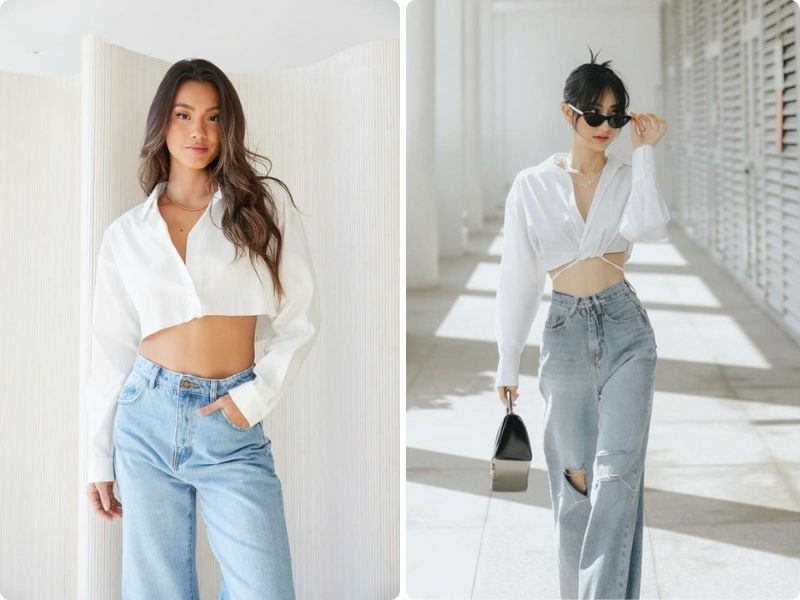 Nếu bạn yêu thích style sexy, cá tính thì có thể tham khảo kết hợp sơ mi trắng croptop và quần jean