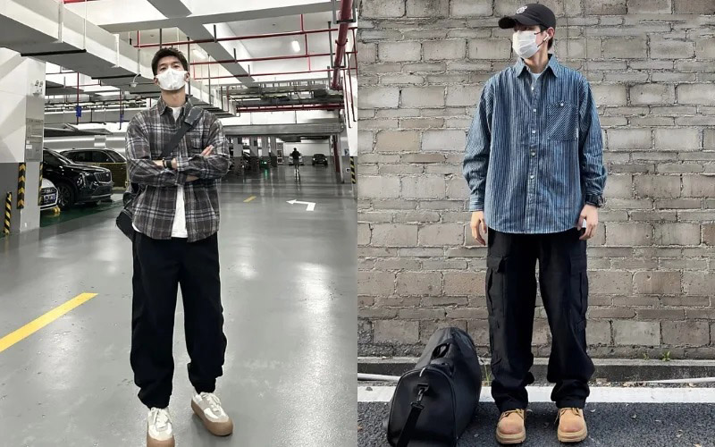 Phối đồ với áo sơ mi kẻ sọc với quần jogger cá tính