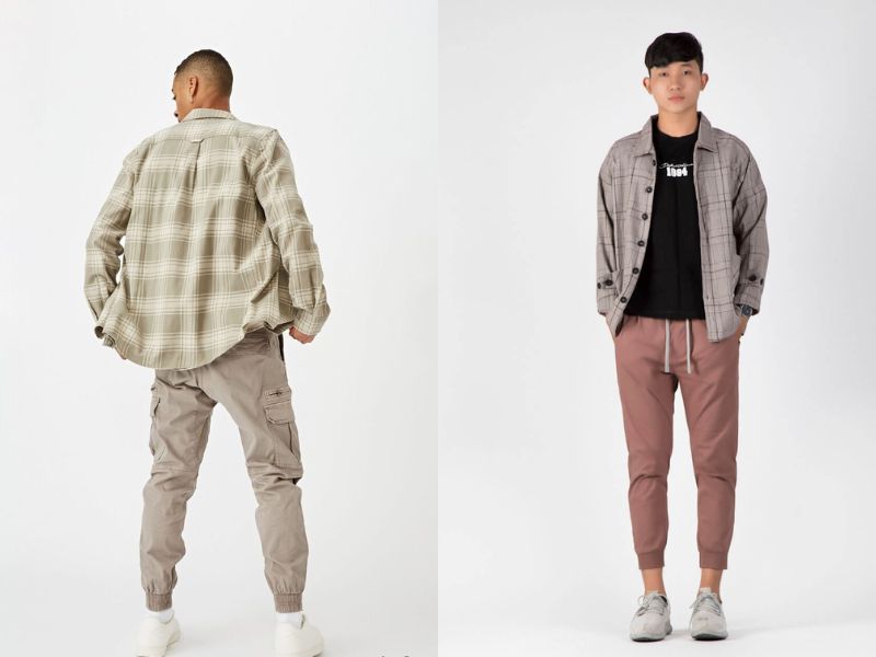 Áo sơ mi và quần jogger kết hợp cùng giày sneaker năng động