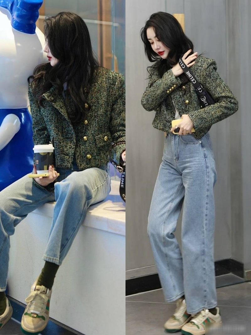 Mix quần bò ống rộng cùng áo khoác dạ