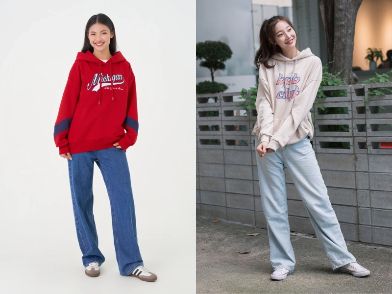 Phối quần bò ống rộng với áo hoodie giúp thêm phần trẻ trung