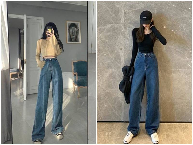 Phối quần bò ống rộng với áo len và áo giữ nhiệt