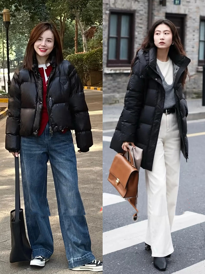 Quần bò ống rộng với áo phao là set đồ siêu ấm áp cho ngày đông