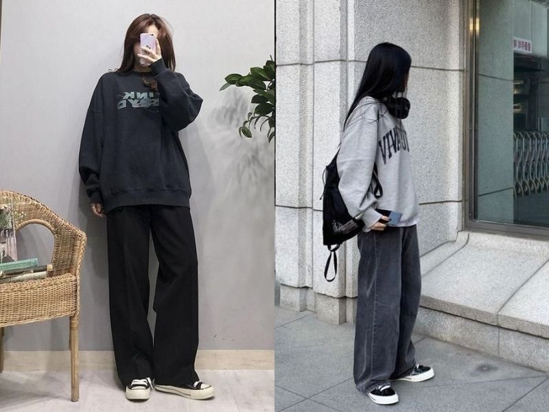 Quần bò ống rộng mặc với áo sweater