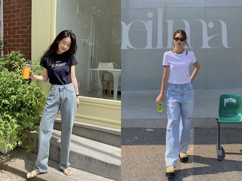 Áo thun basic vừa vặn cùng quần jeans ống đứng năng động