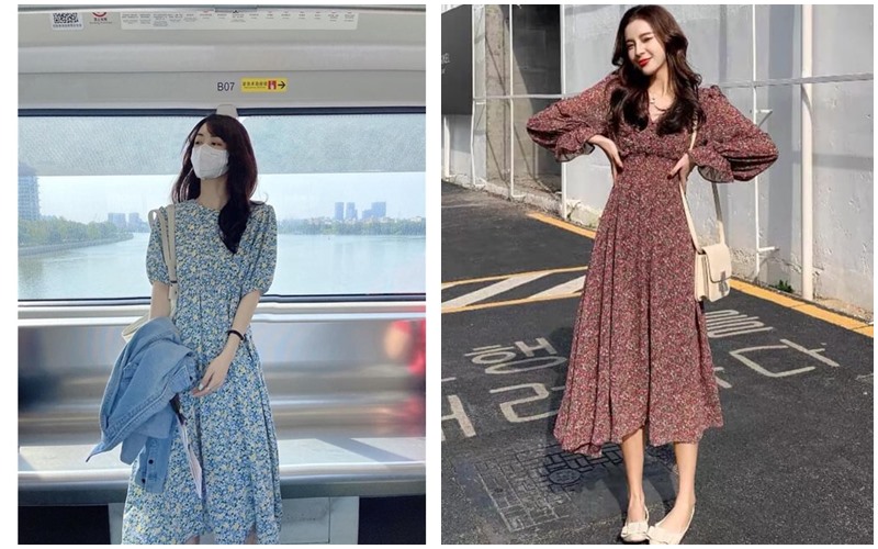 Váy hoa nhí dáng dài qua gối mềm mại, nhẹ nhàng