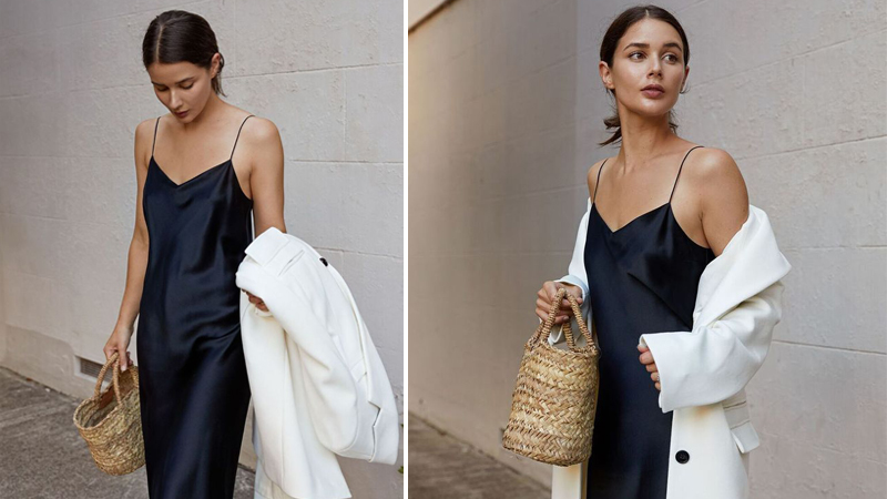 Đầm lụa hai dây kết hợp cùng áo khoác Blazer