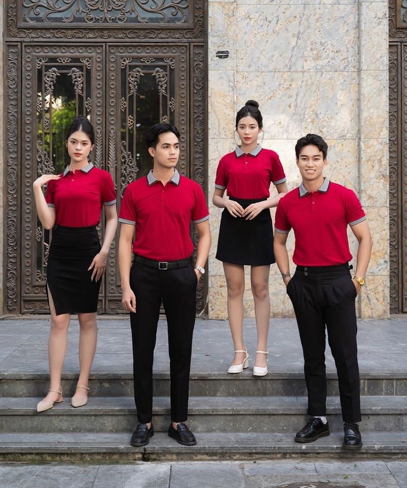 Đồng phục áo polo đỏ cổ màu xám