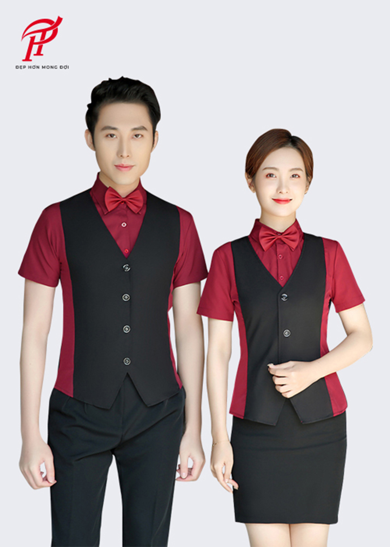 Đồng phục quán bar với áo sơ mi đỏ cách điệu ghi lê đen