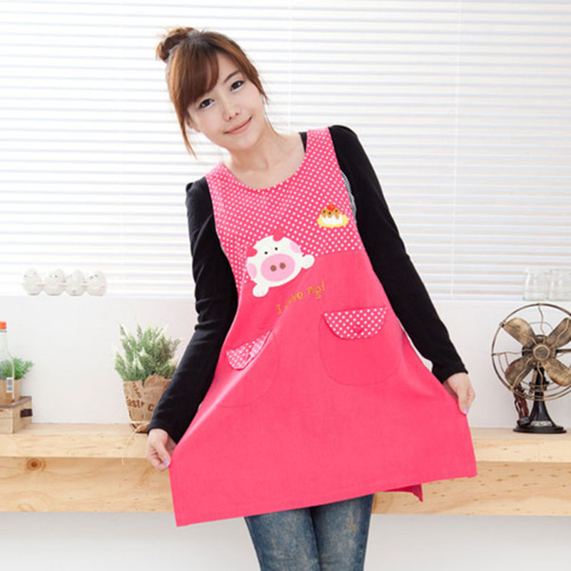 Đồng phục tạp dề mầm non màu hồng họa tiết chấm bi