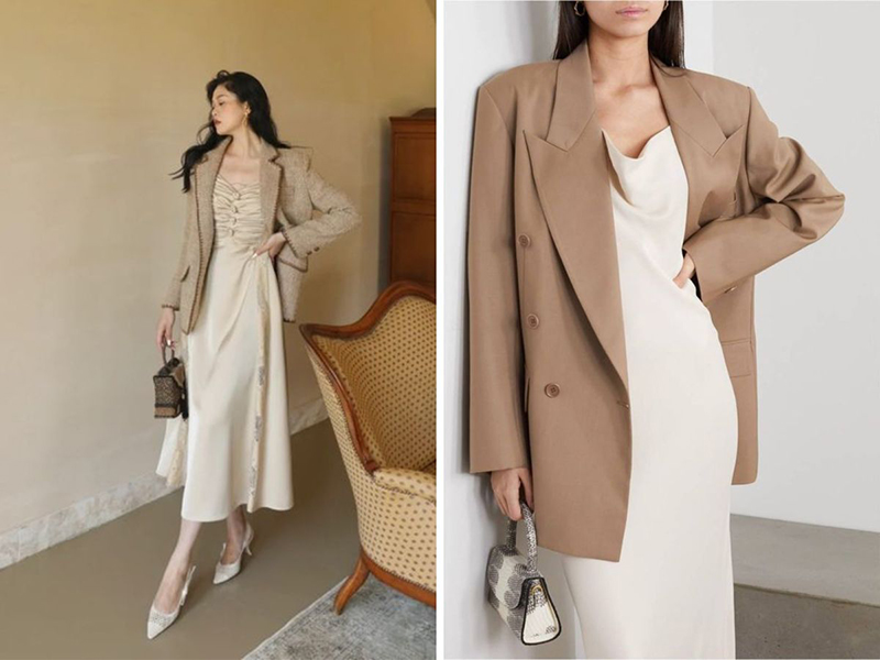 Đầm liền thân mềm mại và áo blazer khoác ngoài