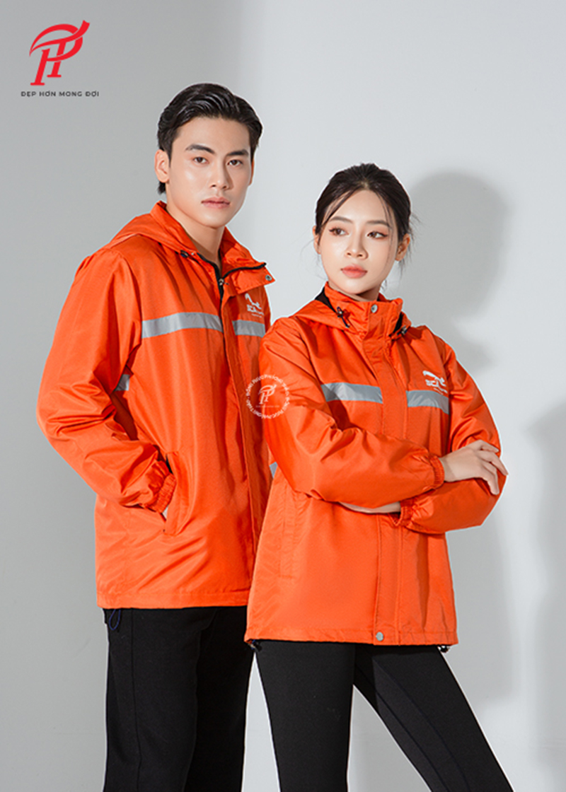 Áo gió đồng phục công nhân màu cam với viền phản quang