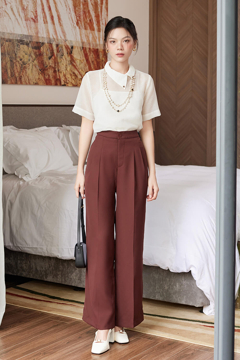 Áo cổ tròn + Quần tây ống rộng sang trọng, hiện đại