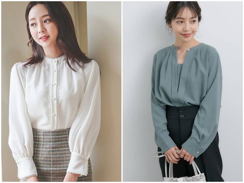 Áo sơ mi voan cổ tròn tay bồng