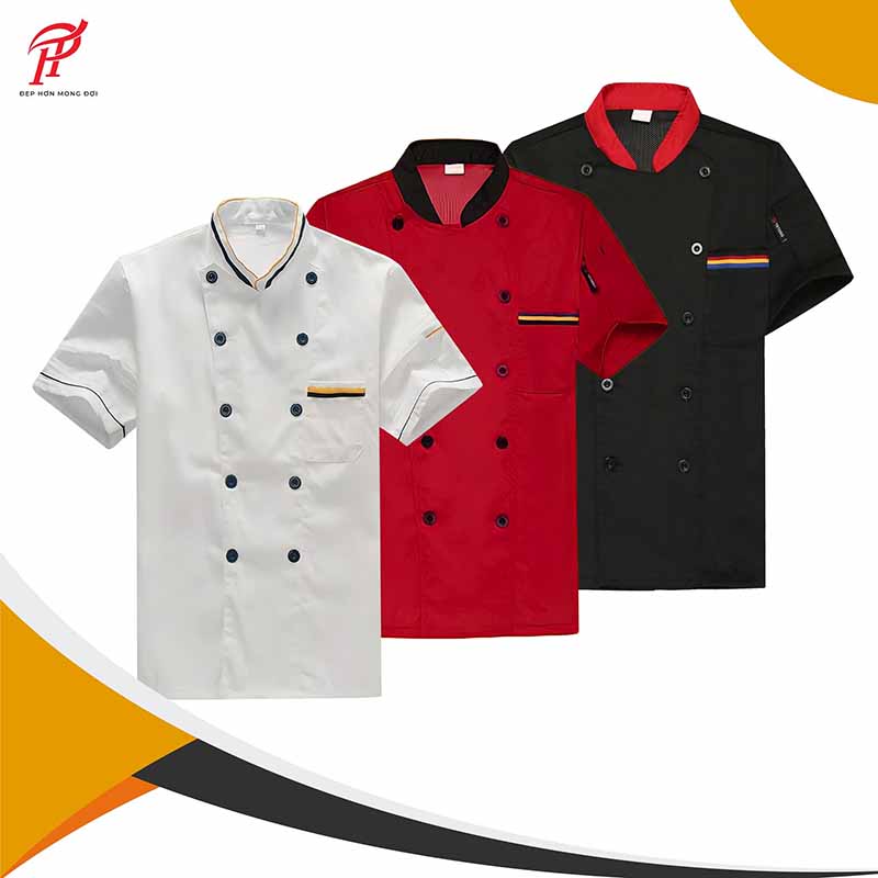 Mẫu áo đồng phục bếp sơ mi cổ tàu, ngắn tay, thiết kế hai hàng khuy