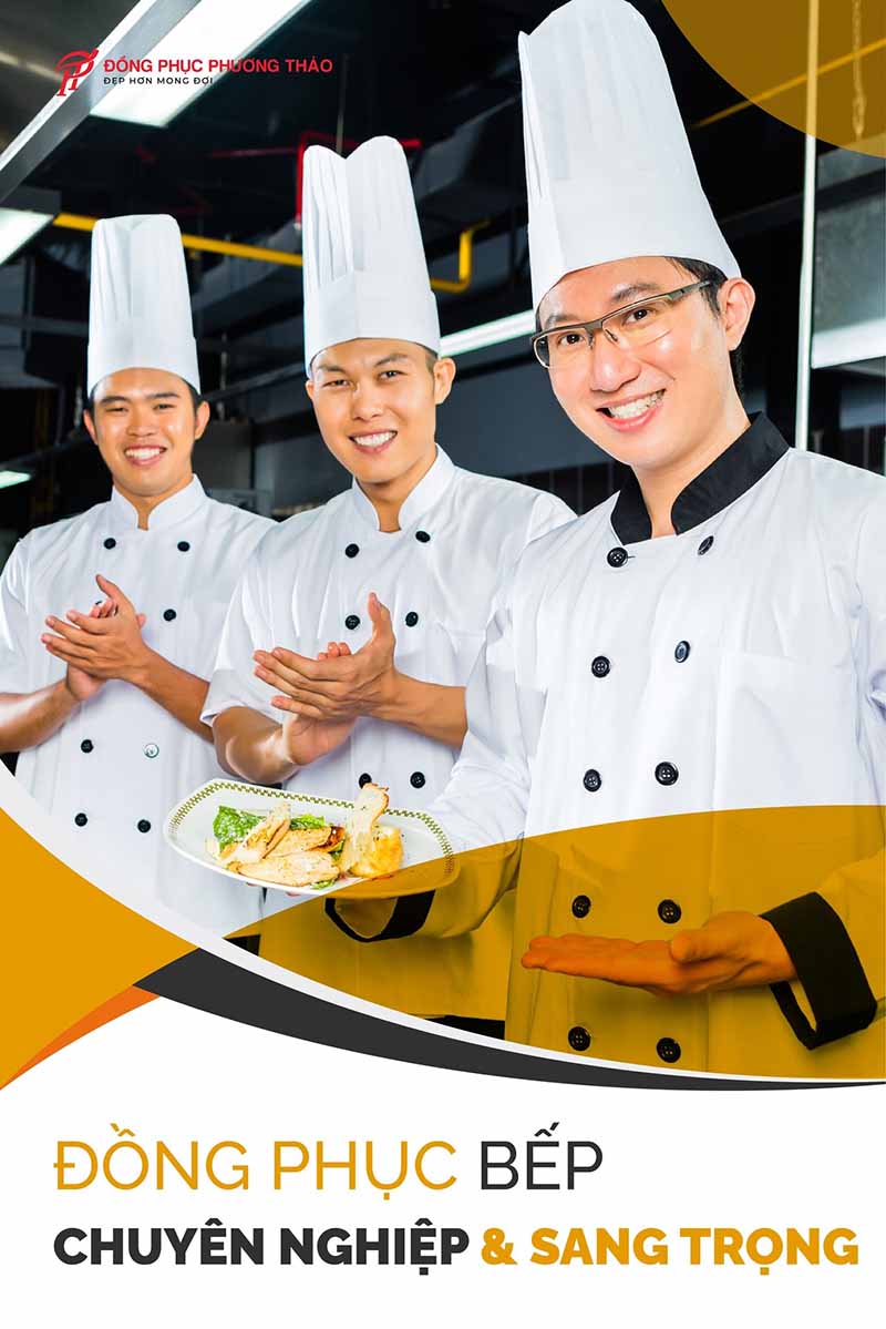 Đồng phục bếp với áo tay dài cổ trụ, hai hàng khuy đi kèm nón bếp