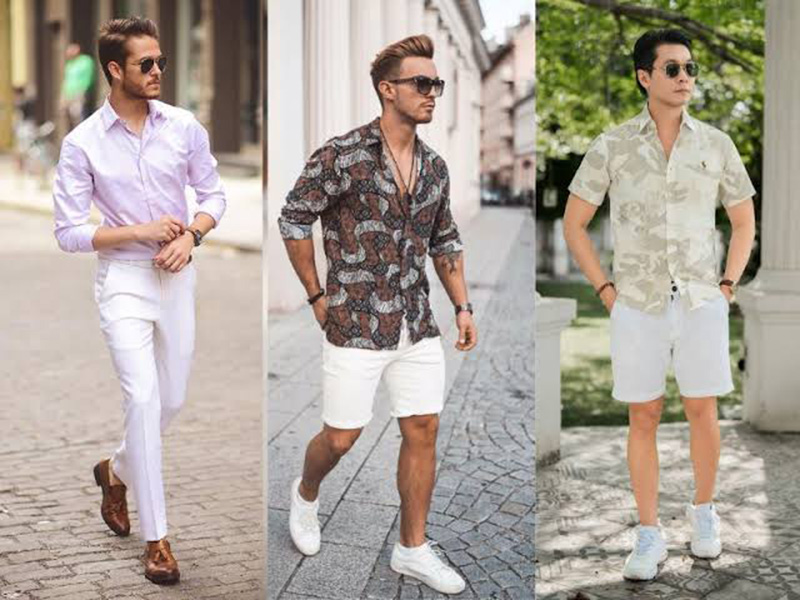 Áo sơ mi họa tiết nhiệt đới và quần short trắng