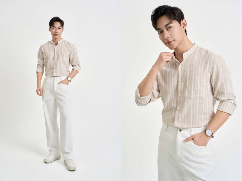 Mặc quần trắng với áo sơ mi màu be, xám, nâu