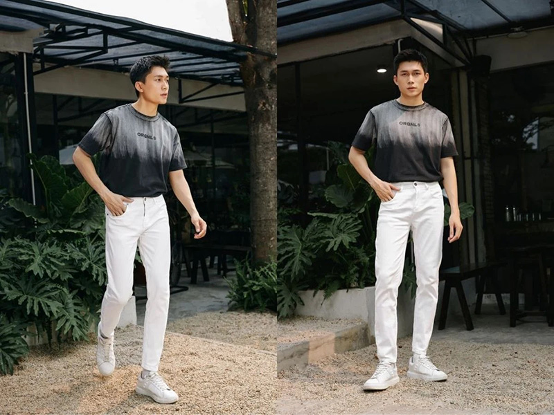 Quần trắng kết hợp cùng áo thun/Polo đen, xanh navy