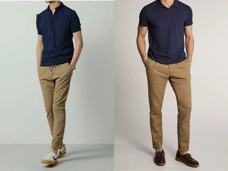 Áo Polo tối màu rất hợp với quần màu be