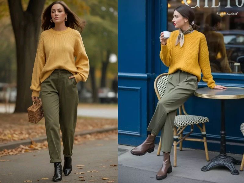 Nổi bật cùng áo họa tiết hoặc màu vàng mustard