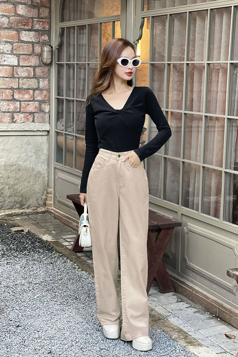 Quần ống rộng màu be + Áo thun/Croptop đen
